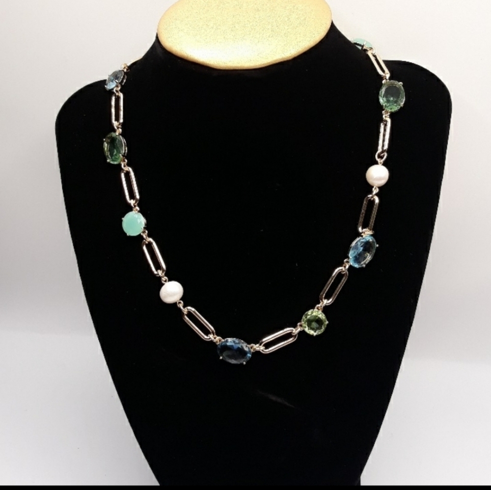 Lauren Ralph Laure Mixed Stones & Pearl Chain Link Collar Necklace In Gold Tone
